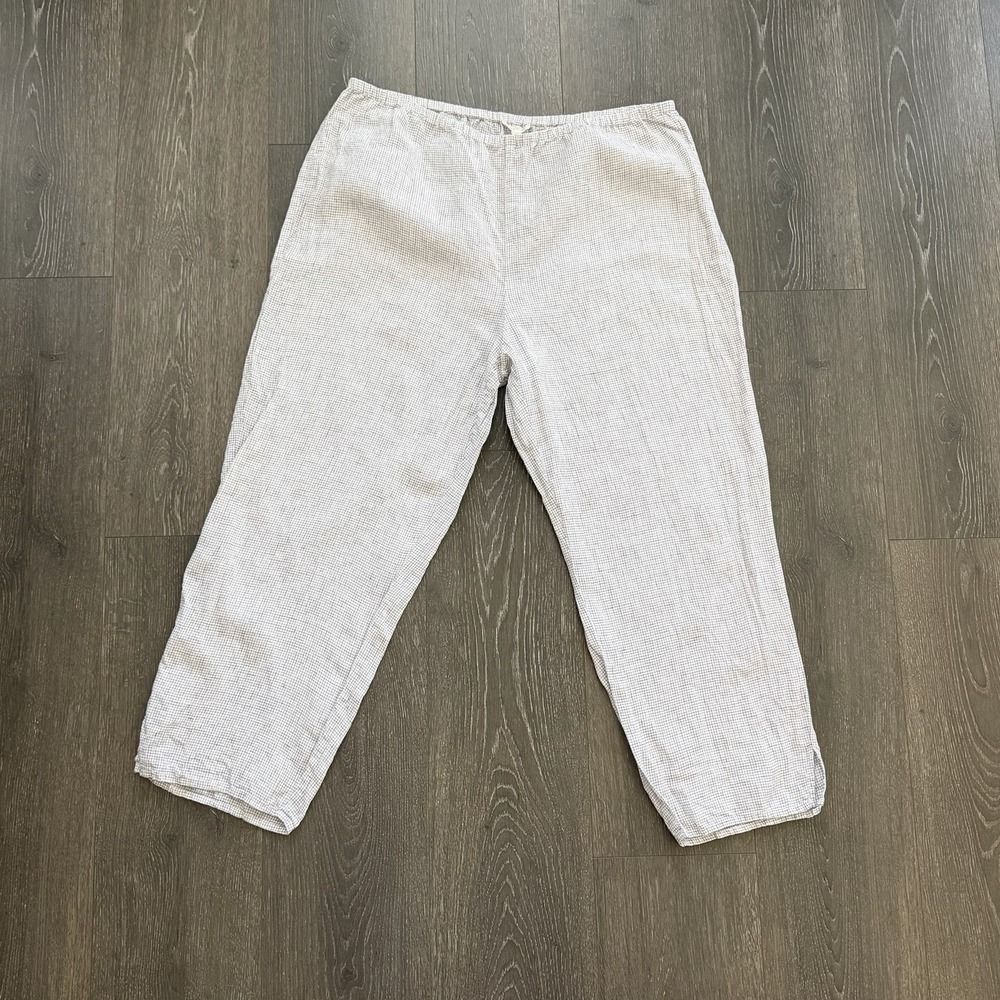 Eileen Fisher Organic 100% Linen Gingham Check Straight Pants Large Minimalist